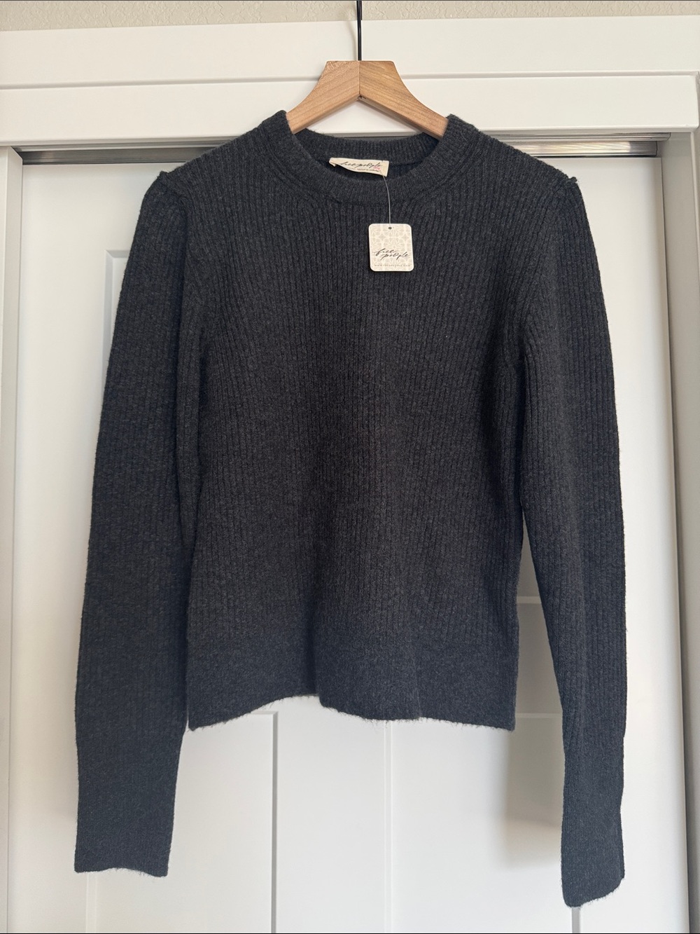 Free People Charcoal Ribbed Crewneck Sweater